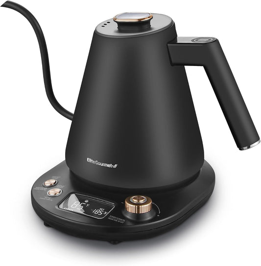 Elite Gourmet EKT3001 1L Digital Kettle, 304 Stainless Steel, Matte Black | Programmed Temperatures, Keep Warm Function, Cordless 360° Base, Auto Off & Audible Indicator