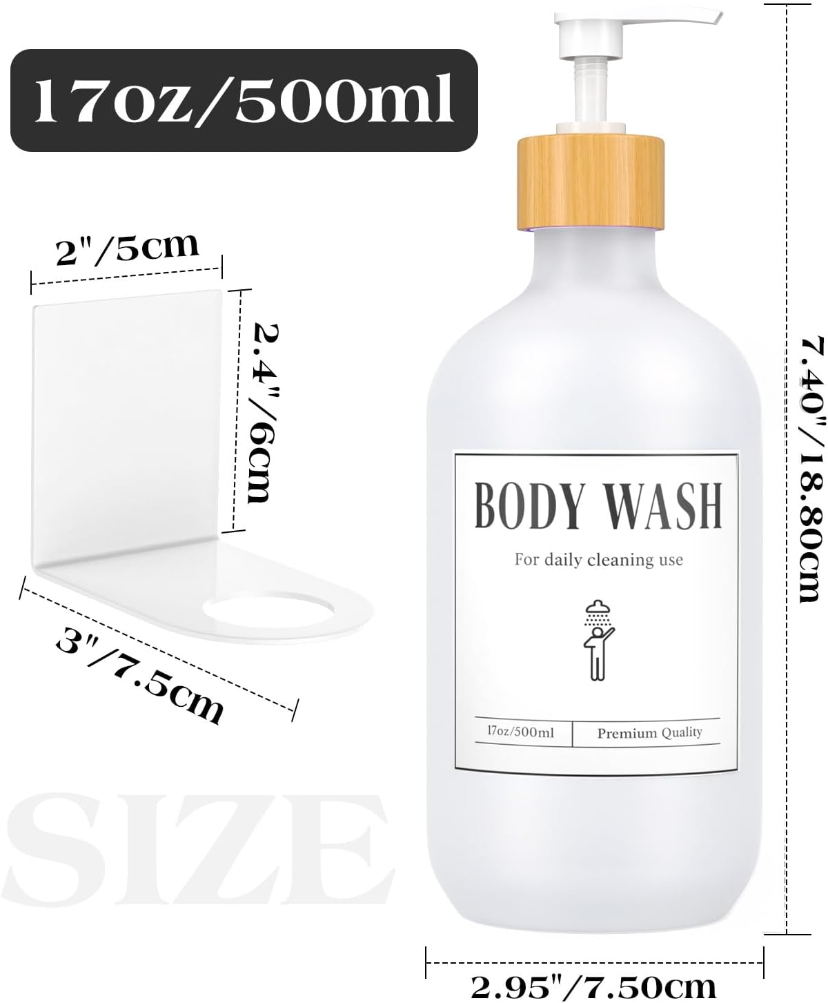 Luxspire 17oz Shampoo and Conditioner Dispenser 3 Sets for Bathroom, Black | Matte PET bottle, no-drill stainless bracket, detachable pump, dual wall/counter install with classification stickers