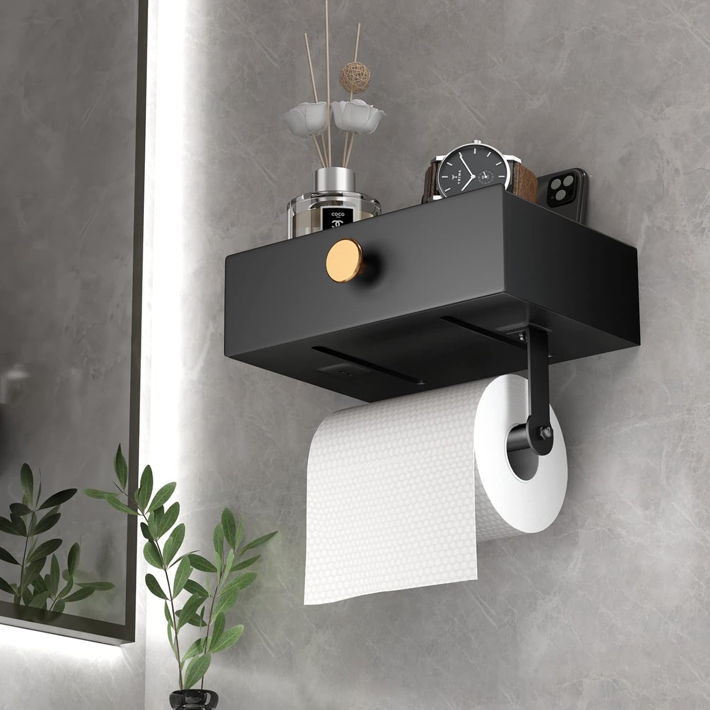 VOLDRA Toilet Paper Holder with Shelf Black Wipes Dispenser for Bathroom Toilet Paper Holder with Storage Upgrade Drawer Design Toilet Tissue Holder Adhesive Small Bathroom Shelf Wall Mount
