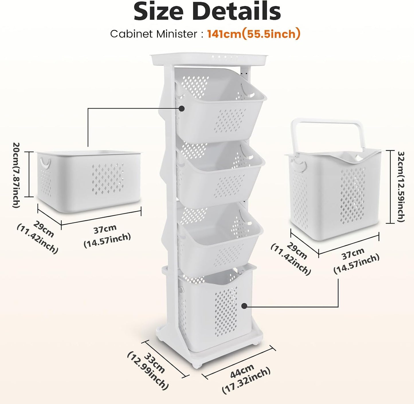 BAOKALER 4-Tier Laundry Hamper Sorter, Vertical Laundry Baskets with Wheel | Rolling Stackable Laundry Cart Removable, Organizer and Storage for Small Space, Dorm, Closet, Bathroom
