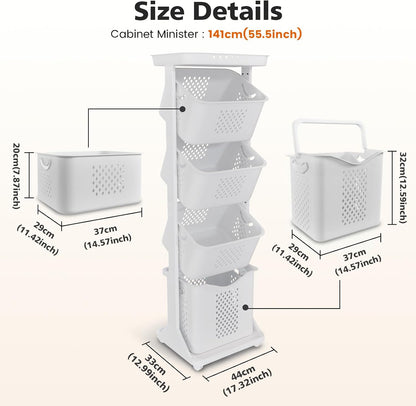 BAOKALER 4-Tier Laundry Hamper Sorter, Vertical Laundry Baskets with Wheel | Rolling Stackable Laundry Cart Removable, Organizer and Storage for Small Space, Dorm, Closet, Bathroom