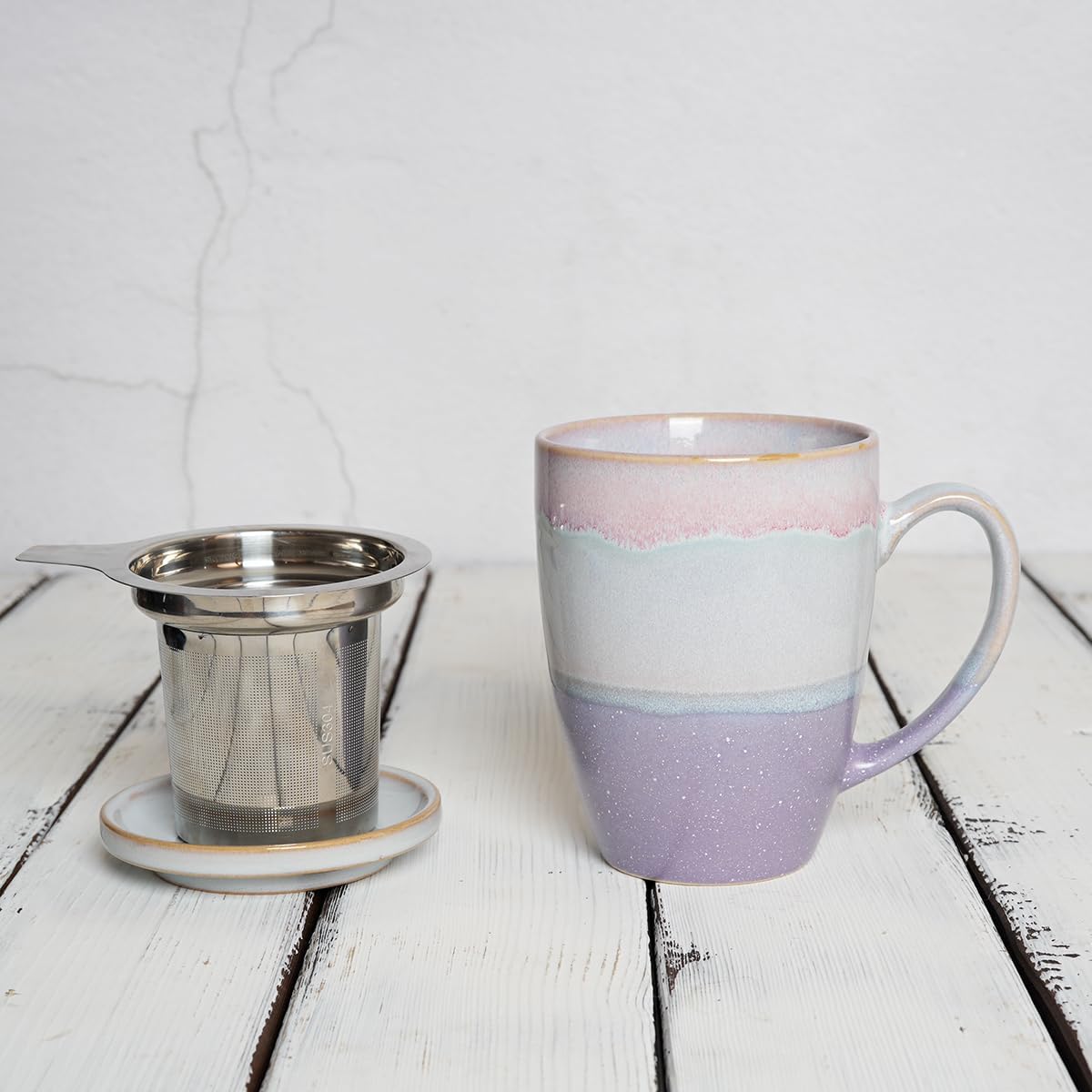 Bosmarlin Ceramic Tea Cup with Infuser and Lid, 13.5 Oz, 4 Colors to Choose, Microwave and Dishwasher Safe, Steeping Tea Mug with Strainer, Reactive Glaze (Purple)