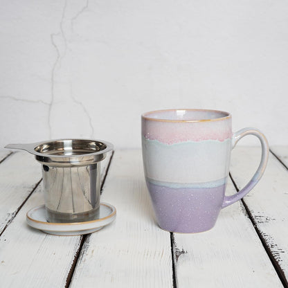 Bosmarlin Ceramic Tea Cup with Infuser and Lid, 13.5 Oz, 4 Colors to Choose, Microwave and Dishwasher Safe, Steeping Tea Mug with Strainer, Reactive Glaze (Purple)