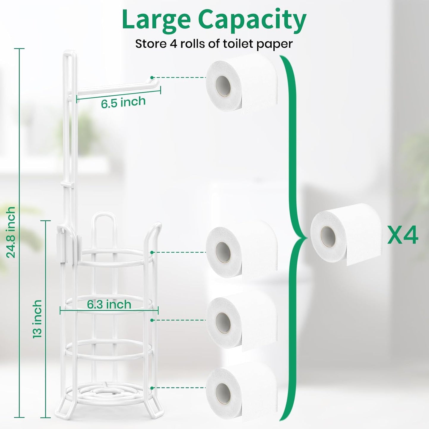 TomCare Toilet Paper Holder Free Standing with Shelf, Stable 4 Raised Feet | Stores 4 Mega Rolls, Tool-Free Assembly, Powder-Coated Metal Frame, Bathroom Storage Organizer for Spare Rolls, Silver