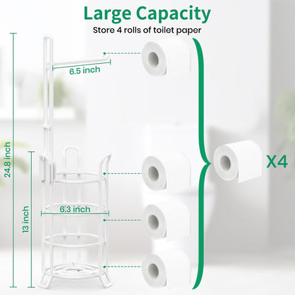 TomCare Toilet Paper Holder Free Standing with Shelf, Stable 4 Raised Feet | Stores 4 Mega Rolls, Tool-Free Assembly, Powder-Coated Metal Frame, Bathroom Storage Organizer for Spare Rolls, Silver