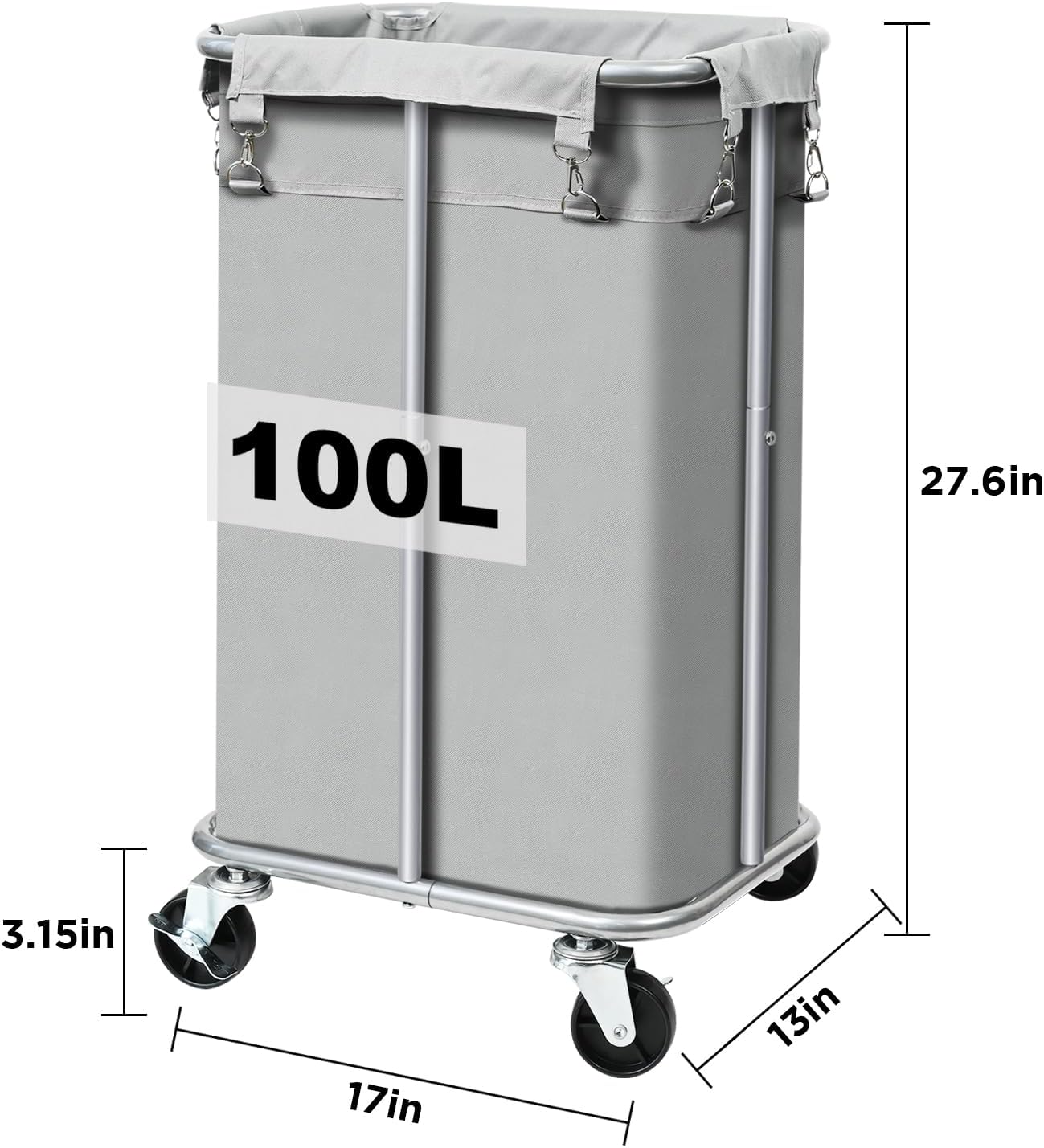 100L Rolling Laundry Hamper Basket with Wheels for Bedroom, Grey | Laundry Sorter Cart with Removable Bag, Tall Narrow Slim Clothes Organizer, Sturdy Metal Frame, Dorm Space Saving