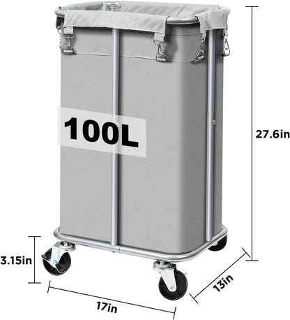 100L Rolling Laundry Hamper Basket with Wheels for Bedroom, Grey | Laundry Sorter Cart with Removable Bag, Tall Narrow Slim Clothes Organizer, Sturdy Metal Frame, Dorm Space Saving