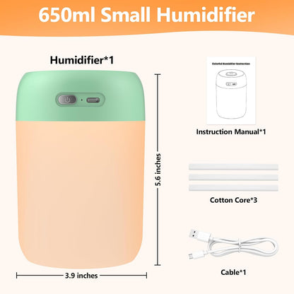 Portable Small Humidifier, 650ml Plant Humidifier, Blue | 7 Colors&Warm Light, Mini Humidifiers for Plants, Bedroom, Office, Dsektop