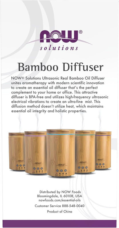 NOW Essential Oils, Ultrasonic Real Bamboo Aromatherapy Oil Diffuser, Extremely Quiet, Heat Free and Easy to Clean, Color Changing LED Diffuser