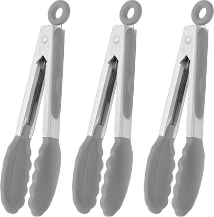 HINMAY Mini Tongs with Silicone Tips 7-Inch Serving Tongs, Set of 3 (Red Blue Green)