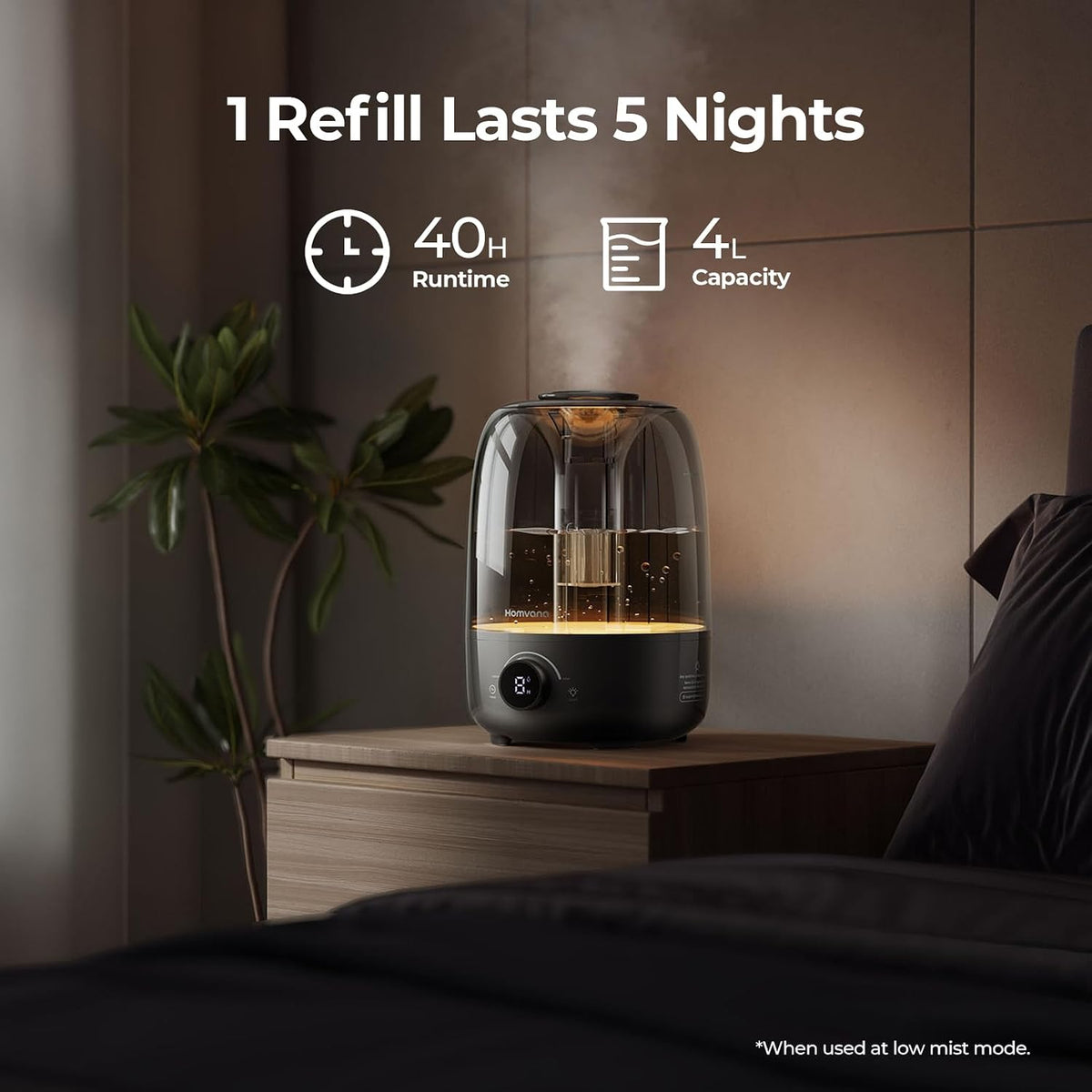 Homvana Top-Fill Cool Mist Humidifiers for Bedroom, Large Room(4L,Black)