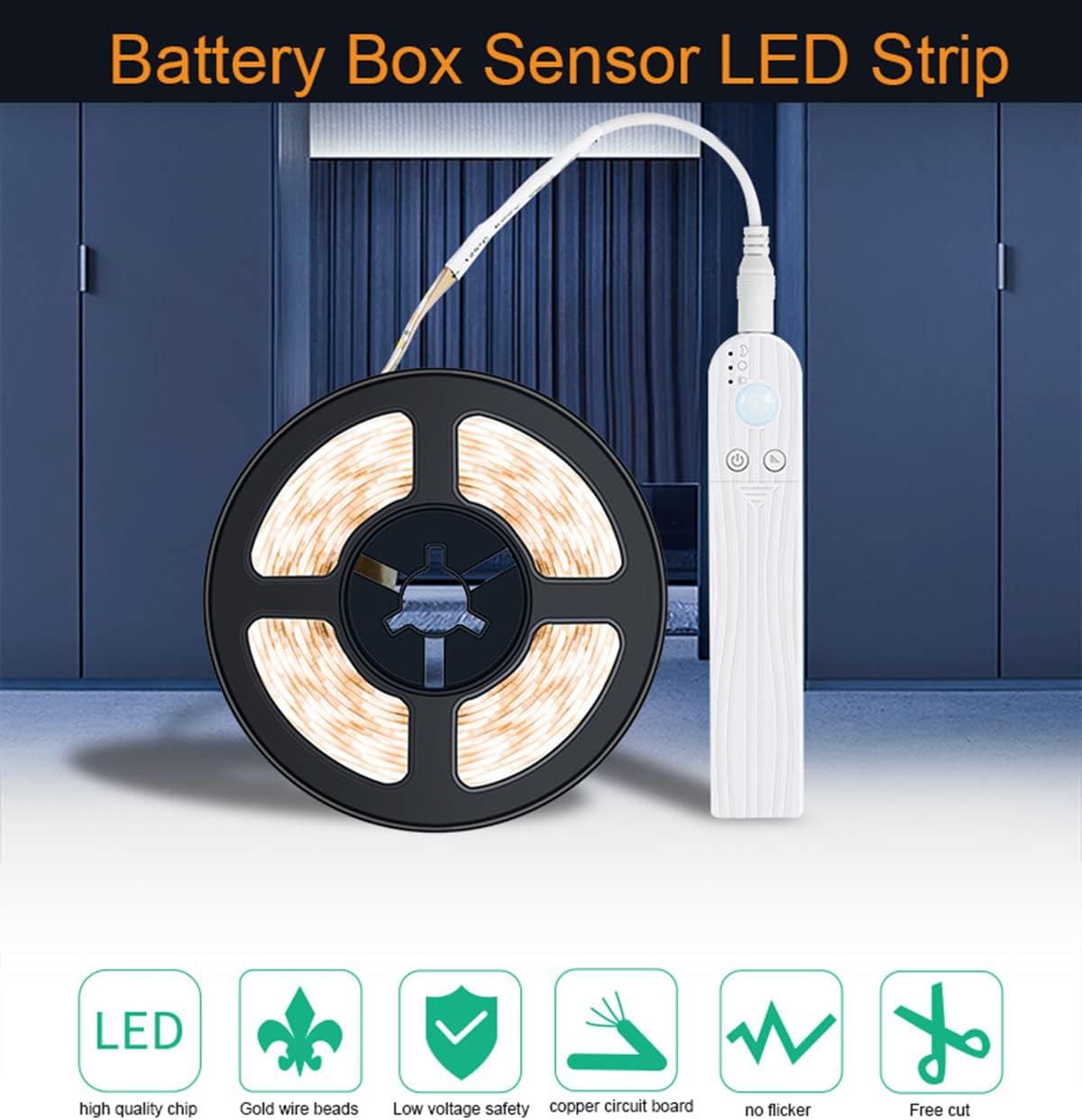 LED Under Cabinet LED Strip Motion Sensor, Battery Powered Bed Stairs Wardrobe Lamp Tape, Waterproof 5V LED Closet Smart Night Strip Light (1M, Cold White)
