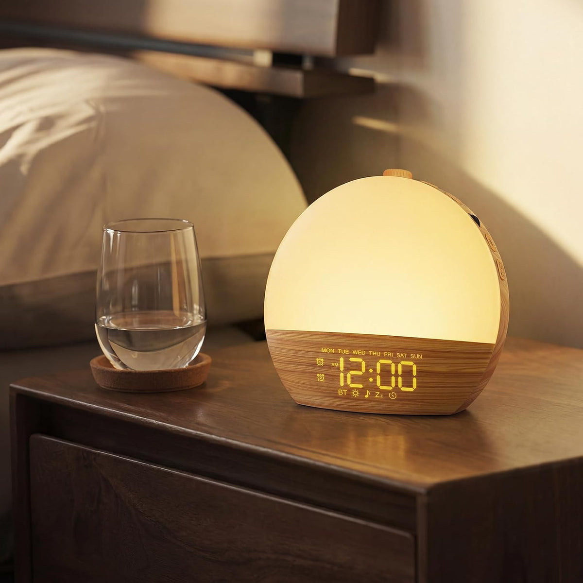 Wood Grain White Noise Sound Machine Sunrise Alarm Clock with 30 Soothing Sounds, 17 Night Lights, Bluetooth Speaker Wake Up Light Alarm Clocks for bedrooms, Heavy Sleepers, Baby, Kids