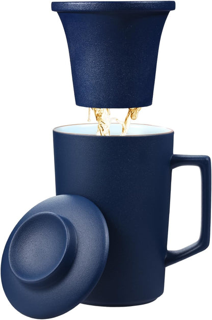 15 oz Ceramic Tea Infuser Cup with Lid - Tea Mug with All Porcelain Strainer for Loose Leaf Teas,Microwave and Dishwasher Safe,Metal-Free,BPA-Free for Tea Lovers/Birthday (Black)