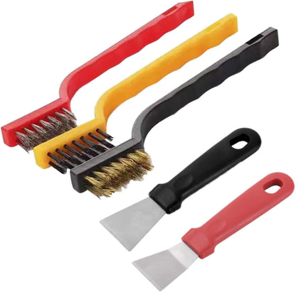Katartizo 5Pcs Kitchen Stove Cleaning Brush + Scraper Tool Set, Heavy Duty Scraper for Gas Burners Cooktop Pot Pan Brass, Stainless Steel and Nylon Brush Head Brushes for Range Hood Grease Grime