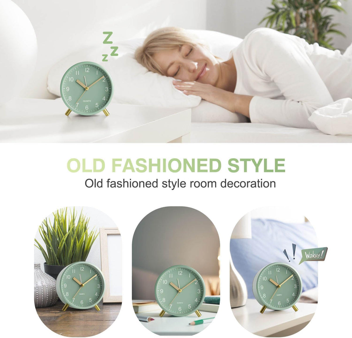 Analog Alarm Clock, Silent Non-Ticking with Night Light, Fashionable Round Metal Alarm Clock for Office, Battery Operated, Bedroom, Elderly, Adults, Children, Student Gifts