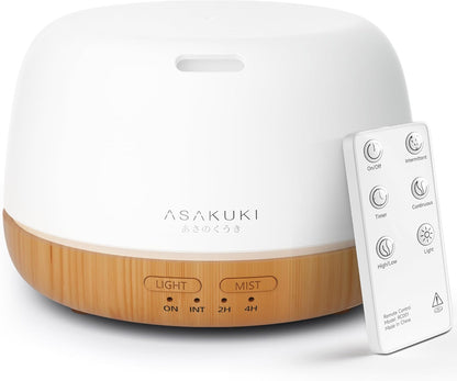 ASAKUKI Essential Oil Diffuser for Home, 500ML Aromatherapy Diffuser Humidifier with Remote Control, 7 Color LED Lights, Quiet Cool Mist Diffuser for Bedroom, Living Room, Office (White)