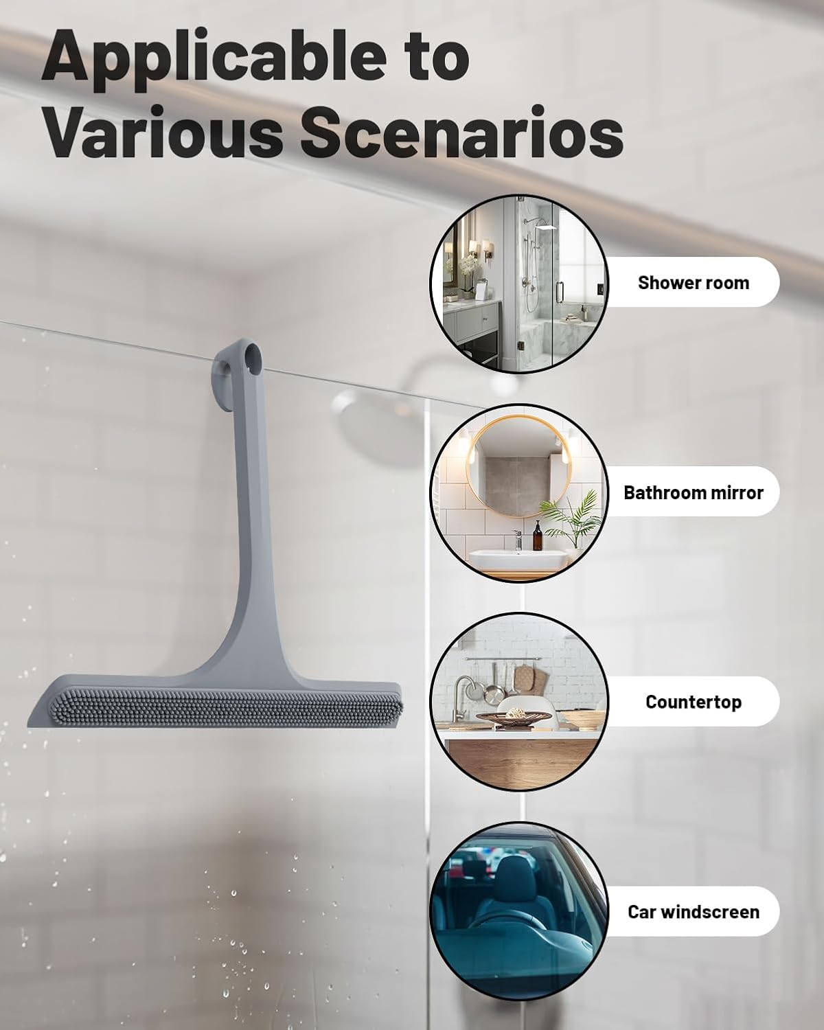 2-in-1 Silicone Shower Squeegee with Hook,Dual-Sided Design with Scraper & Scrub Surface,Rust-Proof Stainless Core,Streak-Free Bathroom Squeegee for Glass Doors,Mirrors,Windows,Car Windshields (Black)