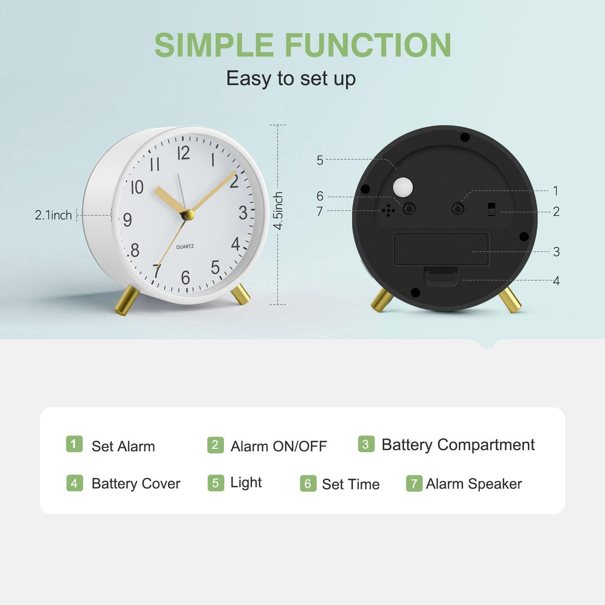 Analog Alarm Clock, Silent Non-Ticking with Night Light, Fashionable Round Metal Alarm Clock for Office, Battery Operated, Bedroom, Elderly, Adults, Children, Student Gifts