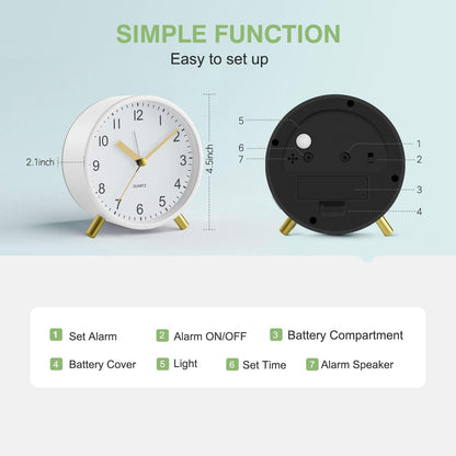 Analog Alarm Clock, Silent Non-Ticking with Night Light, Fashionable Round Metal Alarm Clock for Office, Battery Operated, Bedroom, Elderly, Adults, Children, Student Gifts