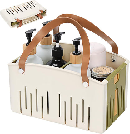Portable Shower Caddy Collapsible Plastic Shower Basket Tote with Handles Removable Divider, Cleaning Caddy Storage Organizer for Bathroom College Dorm (White)