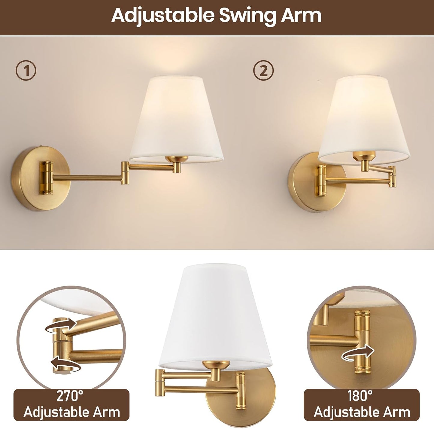 Cordless Battery Operated Wall Sconces Set of 2, Black Swing Arm Wall Sconce, Rechargeable Wall Mounted Reading Light Bedside Wall Lamp, Wireless Wall Sconce Fixtures for Bedside, Hallway, Study