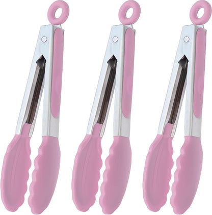 HINMAY Mini Tongs with Silicone Tips 7-Inch Serving Tongs, Set of 3 (Red Blue Green)