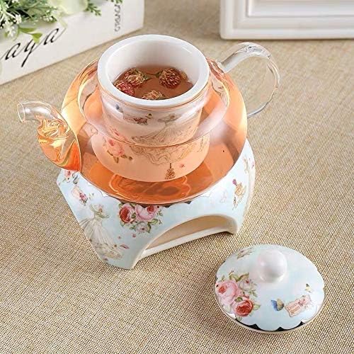 YBKTEX Glass Teapot with Ceramic Warmer- Butterflies Pattern (Pink)