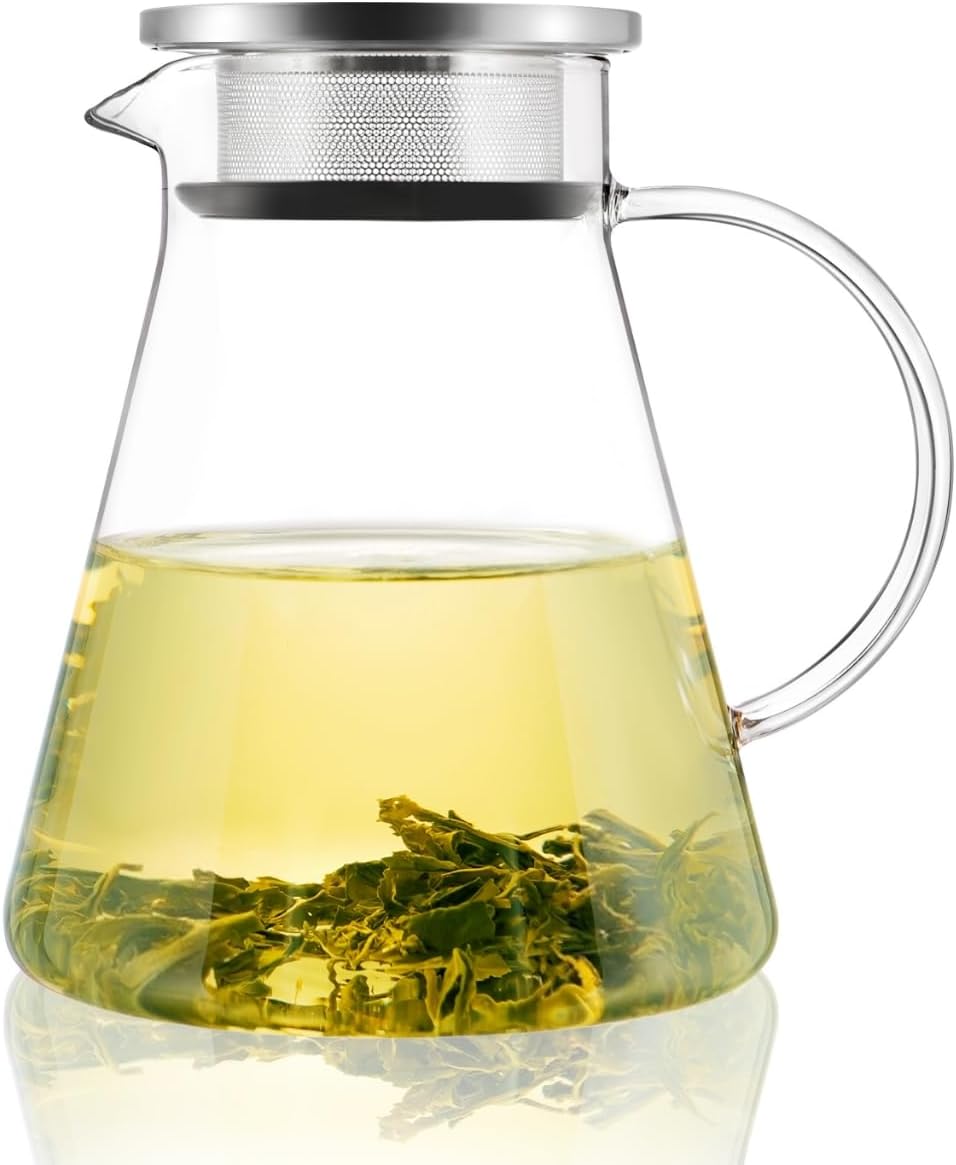 CNGLASS 30.5oz/900ml Glass Teapot Stovetop Safe,One-Touch Clear Tea Kettle,Blooming and Loose Leaf Tea Maker