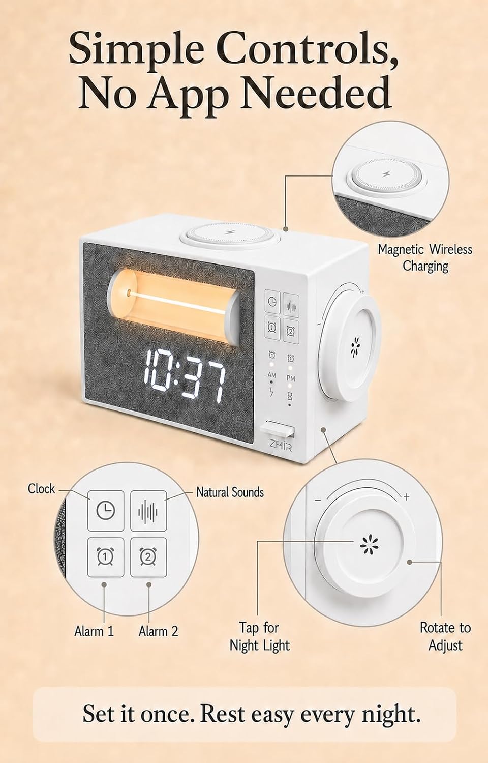 Sunrise Alarm Clock with Sound Machine, Wake Up Light & Wireless Charger