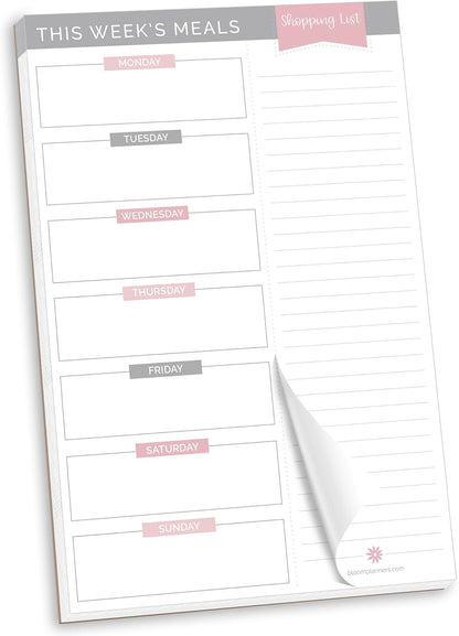 bloom daily planners Weekly Meal Planning Pad - Magnetic Hanging Refrigerator Menu Planner with Tear-Off Sheets & Perforated Grocery Shopping Lists - 6” x 9” (Pink Floral)