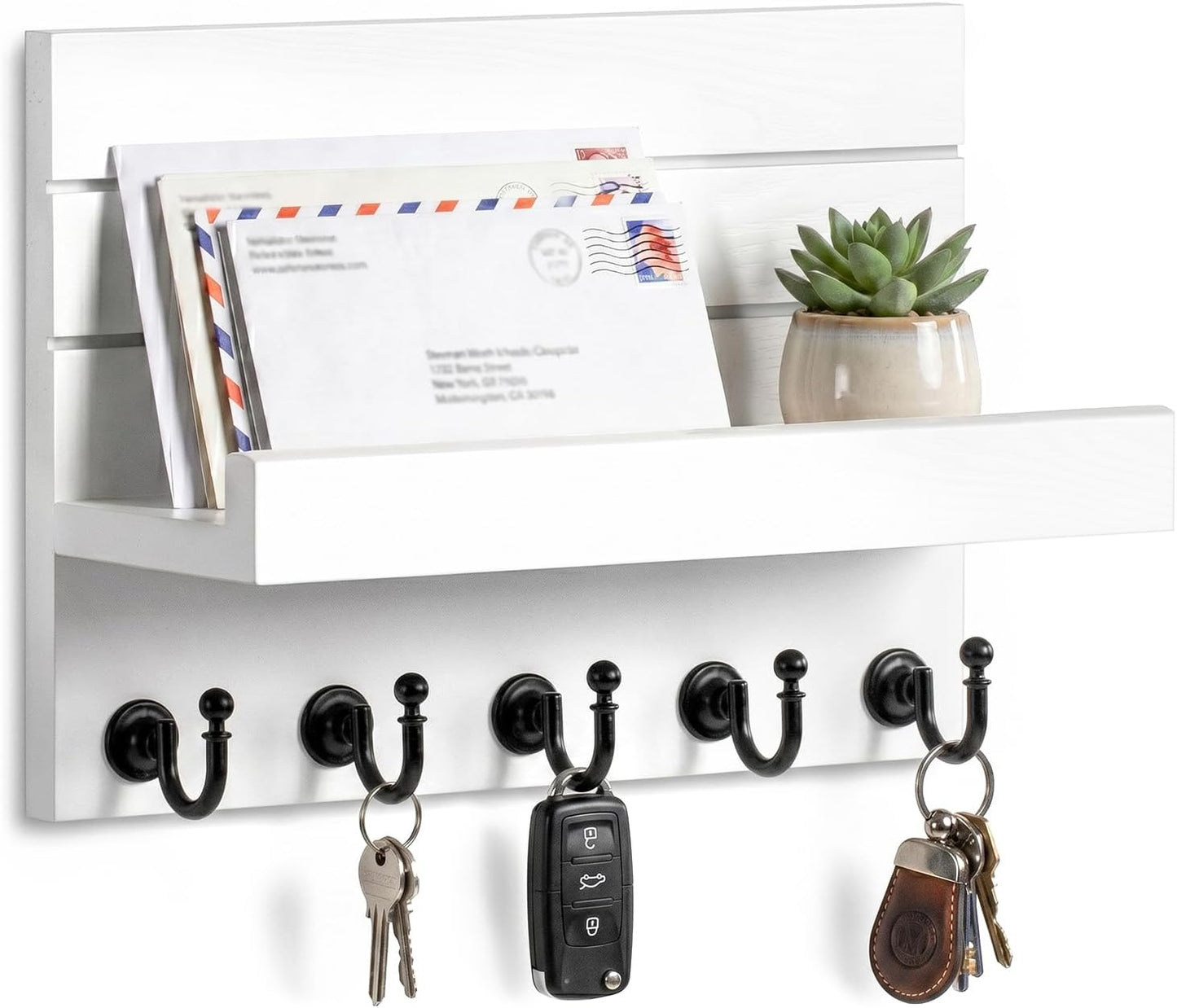 HONJIN Key Holder Wall Mount with Shelf and 5 Sturdy Key Hooks (White) | Key and Mail Holder Wall Mount, Wooden Entryway Organizer and Decorative, Easy Installation, 10*3.8*6.85 Inch