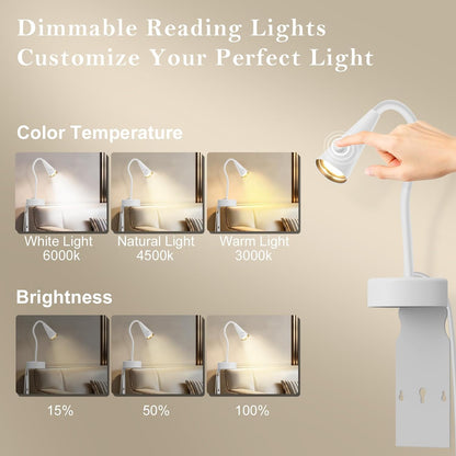 Headboard Reading Light, Black Bedside Lamp, No-Drill Book Light for Bedtime Reading, Dimmable LED, Flexible Gooseneck, 360°Adjustable, Plug-in Reading Lamp Movable-1 Pack