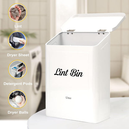 Uross Magnetic Lint Bin with Lint Brush, Metal Wall Mounted Dryer Lint Box Holder Keeper Organization with Lid, Stylish Laundry Room Decor -White