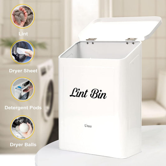 Uross Magnetic Lint Bin with Lint Brush, Metal Wall Mounted Dryer Lint Box Holder Keeper Organization with Lid, Stylish Laundry Room Decor -White