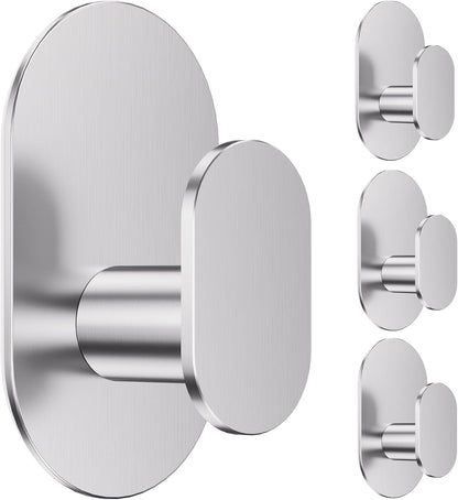 Aikzik Adhesive Towel Hooks - 4 Pack 26LB Extra Strong Heavy Duty Wall Hooks for Bathroom/Shower Door Hanging Coat, Robe, Towel, Dogs' Leads and Collars (Matte Black, Stainless Steel)