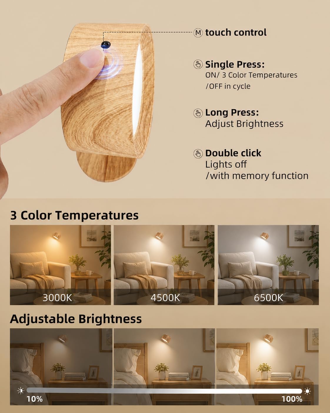 LED Wall Mounted Lights, Rechargeable Wall Sconces, 3 Color Temps, Remote & Touch, 360° Rotating and Dimmable for Bedroom, Bedside & Reading (Black, 2 Pack)
