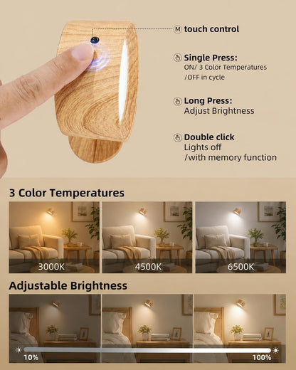 LED Wall Mounted Lights, Rechargeable Wall Sconces, 3 Color Temps, Remote & Touch, 360° Rotating and Dimmable for Bedroom, Bedside & Reading (Black, 2 Pack)