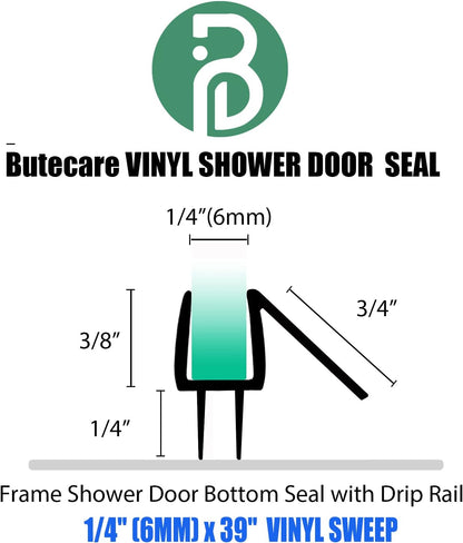 Butecare Premium Frameless Shower Door Bottom Seal Strip for Glass Doors - Shower Door Seal Sweep (1/4”x 39”, Clear Vinyl)