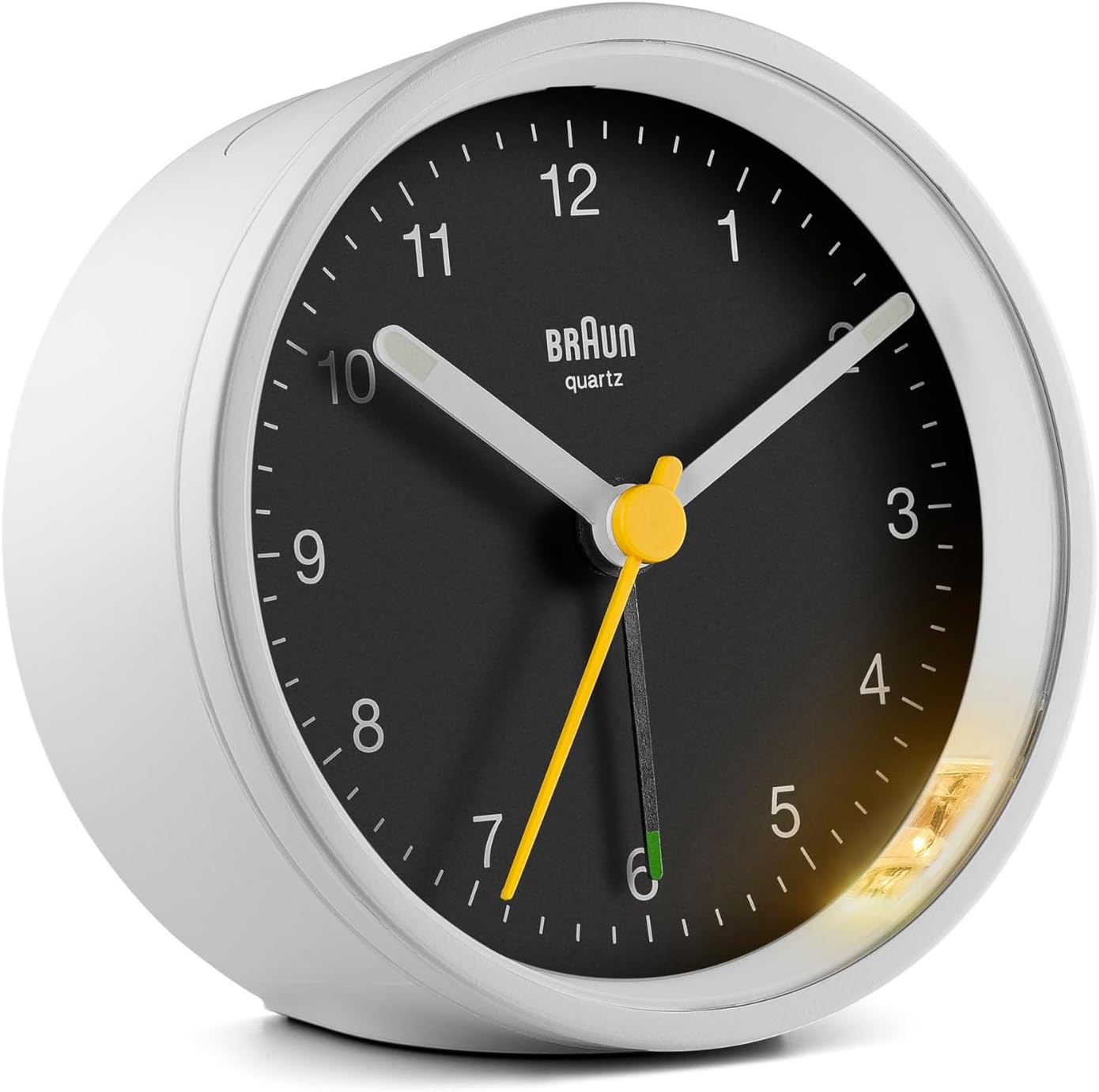 Braun Classic Analogue Alarm Clock with Snooze and Light, Quiet Quartz Movement, Crescendo Beep Alarm in White, Model BC12W.