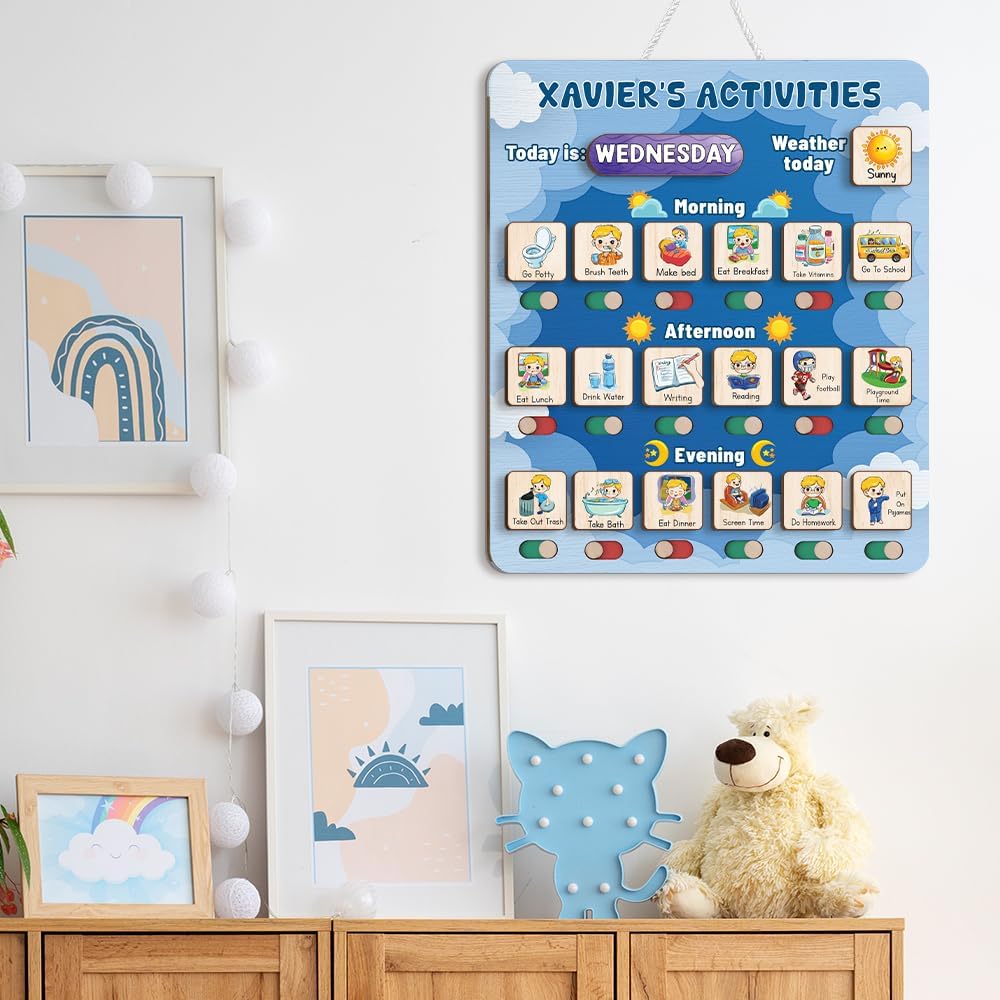 Daily Routine Chart for Kids, Visual Schedule, Routine Chart for Toddlers 3-5, Morning Bedtime Routine Chart for Toddlers, Wooden Chore Chart for Kids