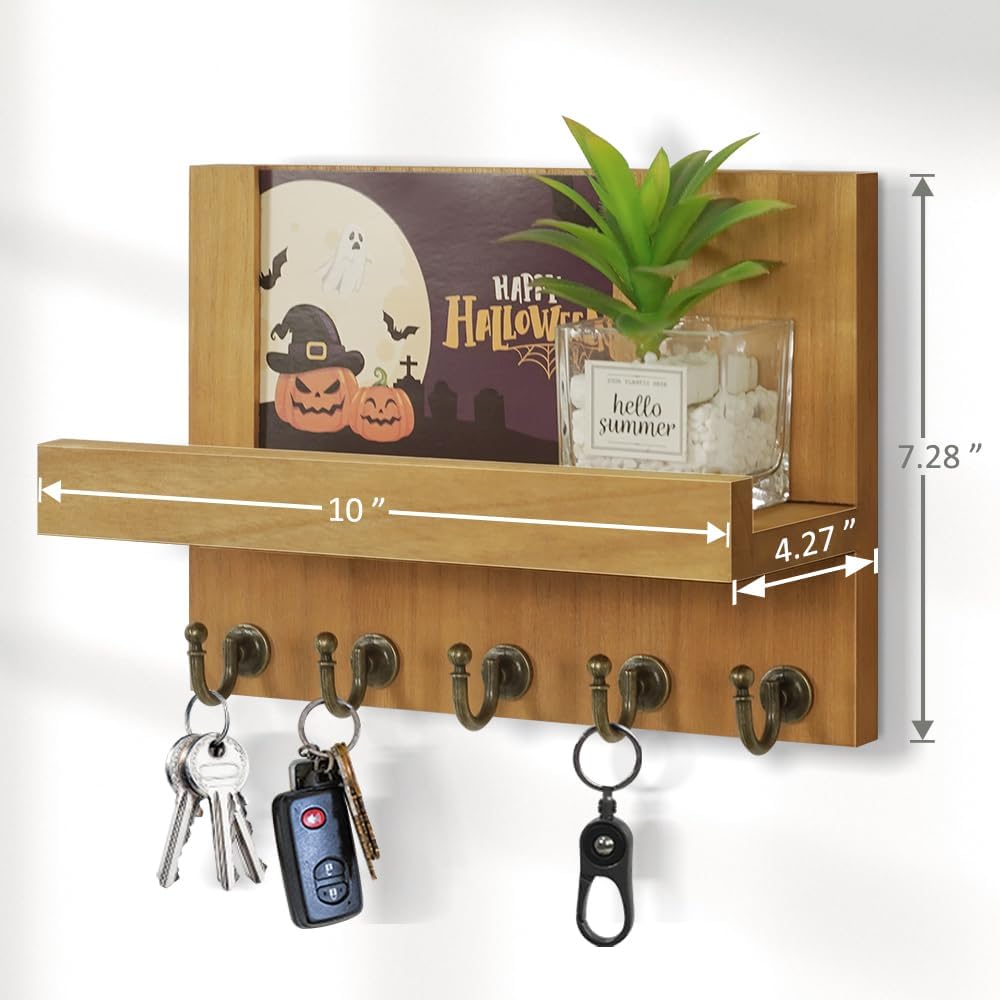 HONJIN Key Holder Wall Mount with Shelf and 5 Sturdy Key Hooks (White) | Key and Mail Holder Wall Mount, Wooden Entryway Organizer and Decorative, Easy Installation, 10*3.8*6.85 Inch