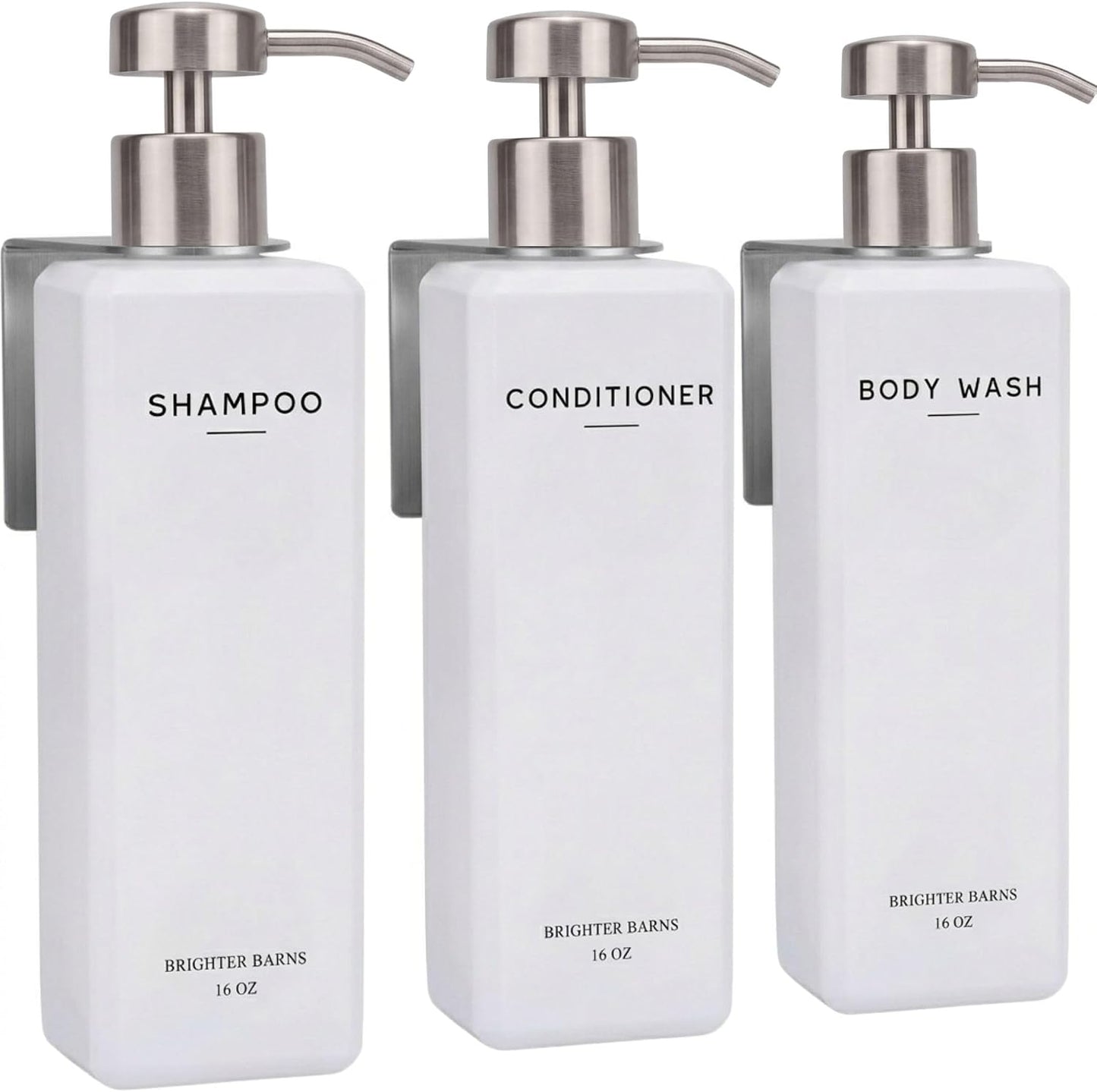 Luxury Shampoo and Conditioner Dispenser Set Wall Mounted by Brighter Barns - Refillable Shower Dispenser with Stainless Steel Pumps - Shampoo Bottles 3 Chamber No Drill for Airbnb, Spa, Hotel (White)