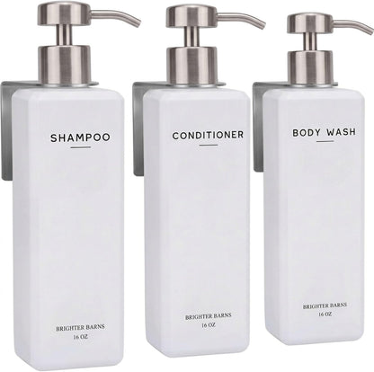 Luxury Shampoo and Conditioner Dispenser Set Wall Mounted by Brighter Barns - Refillable Shower Dispenser with Stainless Steel Pumps - Shampoo Bottles 3 Chamber No Drill for Airbnb, Spa, Hotel (White)