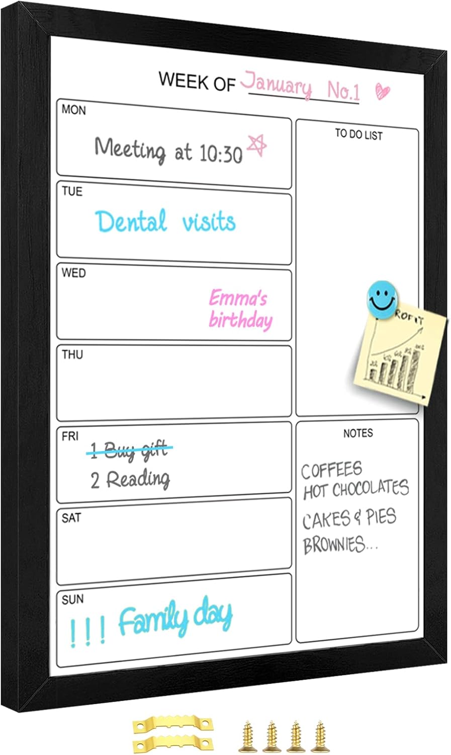 Weekly Dry Erase Whiteboard Calendar, 15.7"x11.8" Magnetic Surface Memo Board, Minimal Design Weekly Planner for Wall, Black Wood Frame Dry Erase Board for Office School Home(ZLBB-S-BK-2636)
