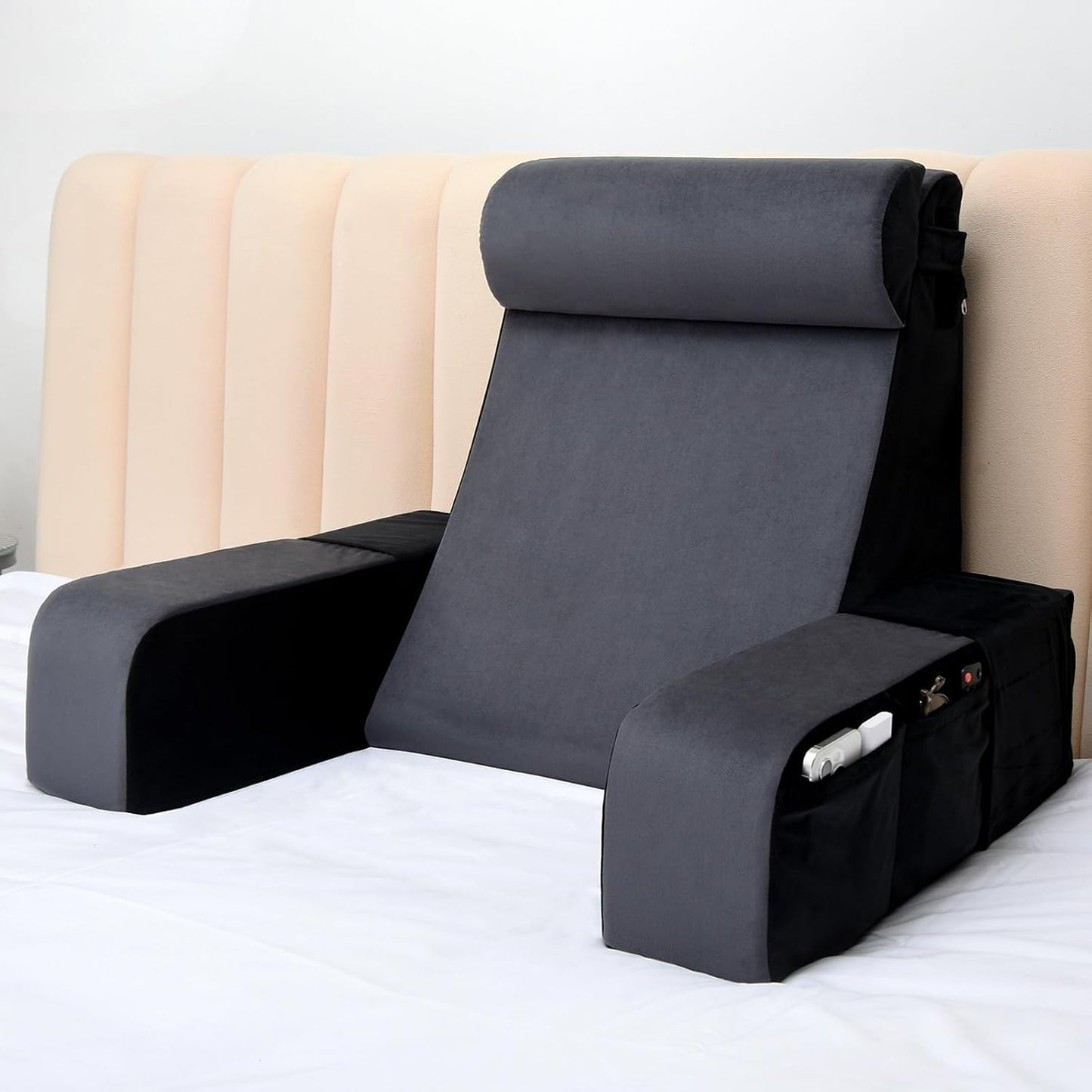 Vekkia 21" Reading Pillow for Bed with Adjustable Arms and XL Side Pockets | 60° Wedge Back Support, Washable Cover, Support Chair for TV, Gaming, Working, Nursing, Recovery in Bed & Floor, Black/Gray