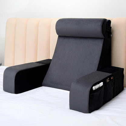 Vekkia 21" Reading Pillow for Bed with Adjustable Arms and XL Side Pockets | 60° Wedge Back Support, Washable Cover, Support Chair for TV, Gaming, Working, Nursing, Recovery in Bed & Floor, Black/Gray
