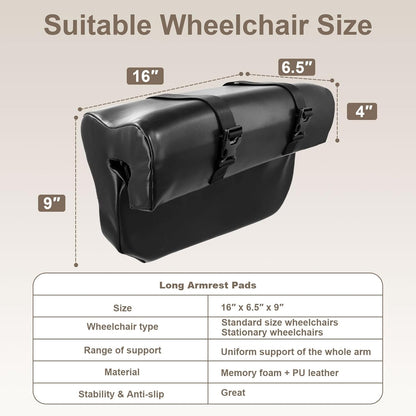Wheelchair Armrest Pads, Memory Foam Arm Trough for Wheelchair, 16"L | Lateral Support Wheelchair Arm Cushions for Stroke & Seniors, Waterproof PU Leather, Easy Install & Clean, Fits Left & Right