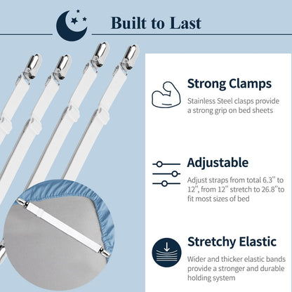 Sopito Sheet Straps, Adjustable Elastic Bed Sheet Holder, 4pcs White | Keep Sheet Firm & Tight, Non-Slip Strong Gripping Sheet Clips, Max Stretch 26.8'' for Crib to King Size Bed, Easy to Install