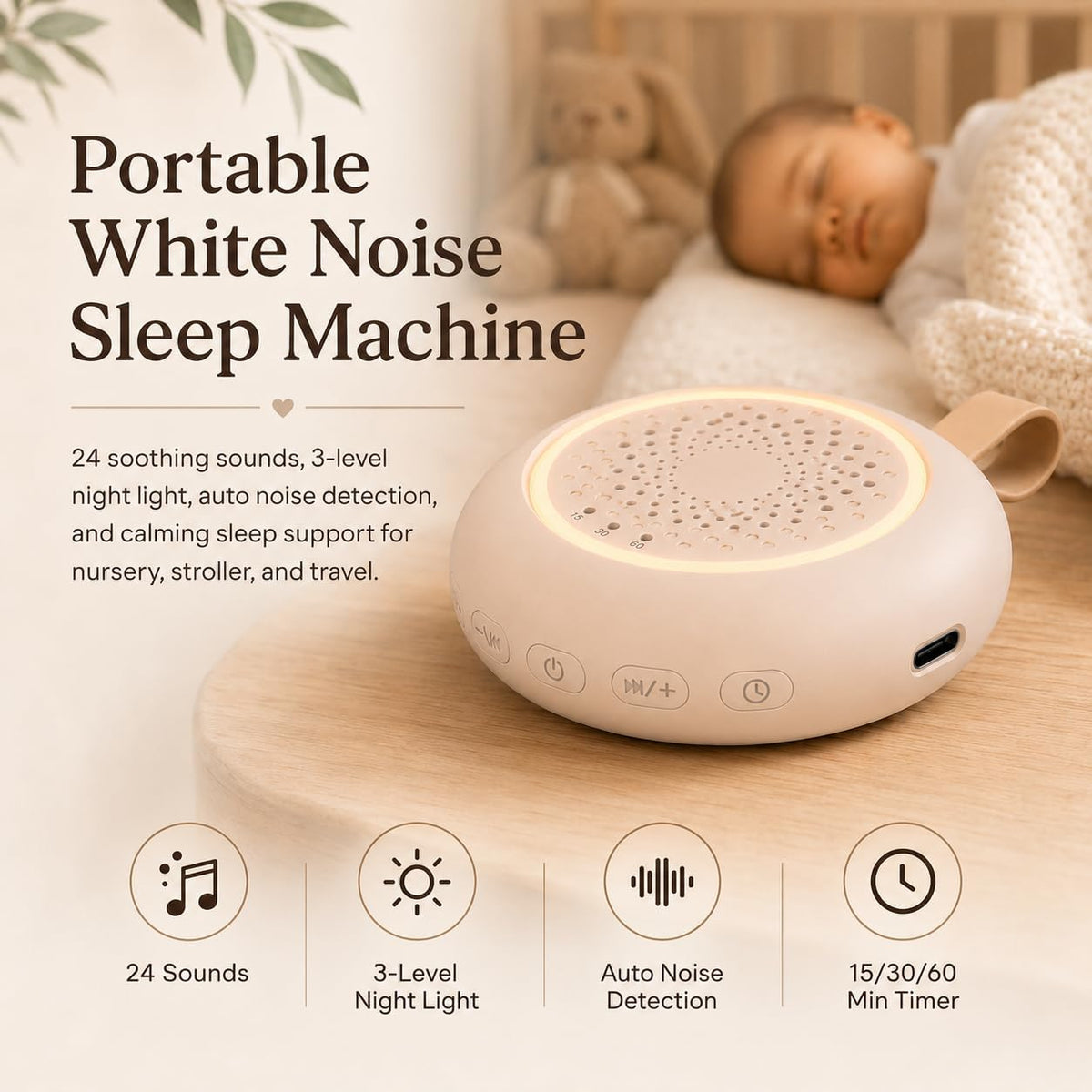 Portable White Noise Machine for Baby, 24 Nursery Sleep Sounds, Night Light